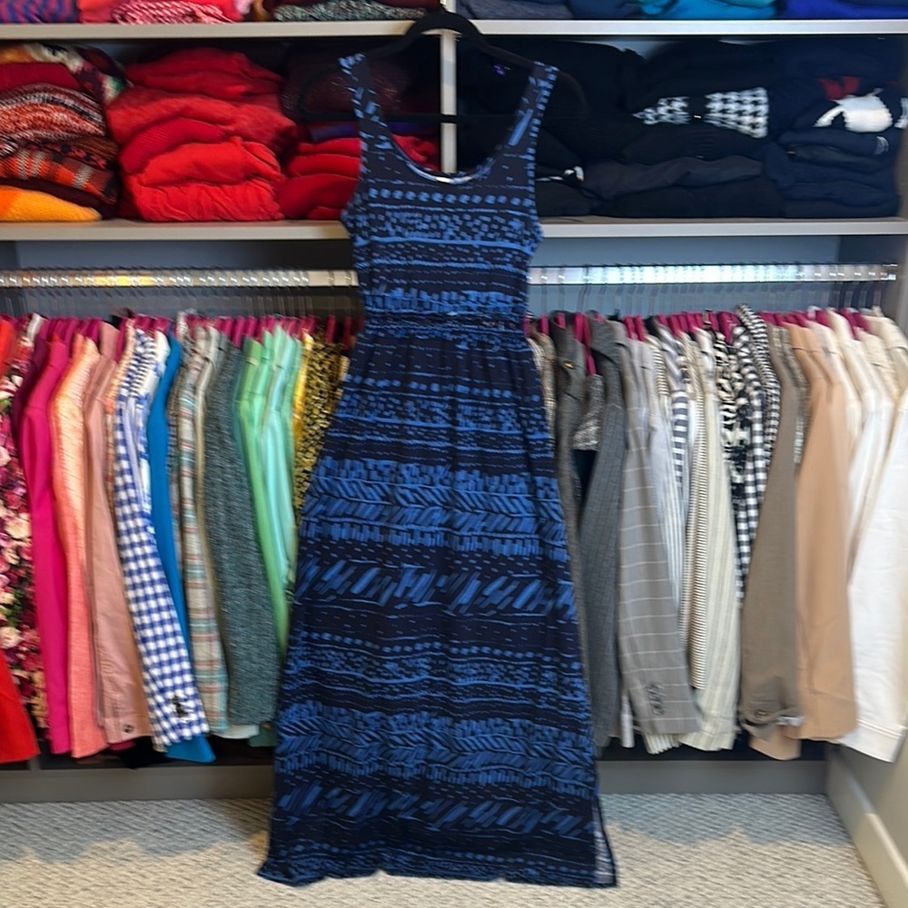 Mudd blue/navy print latticed waist sleeveless side slit maxi dress size S